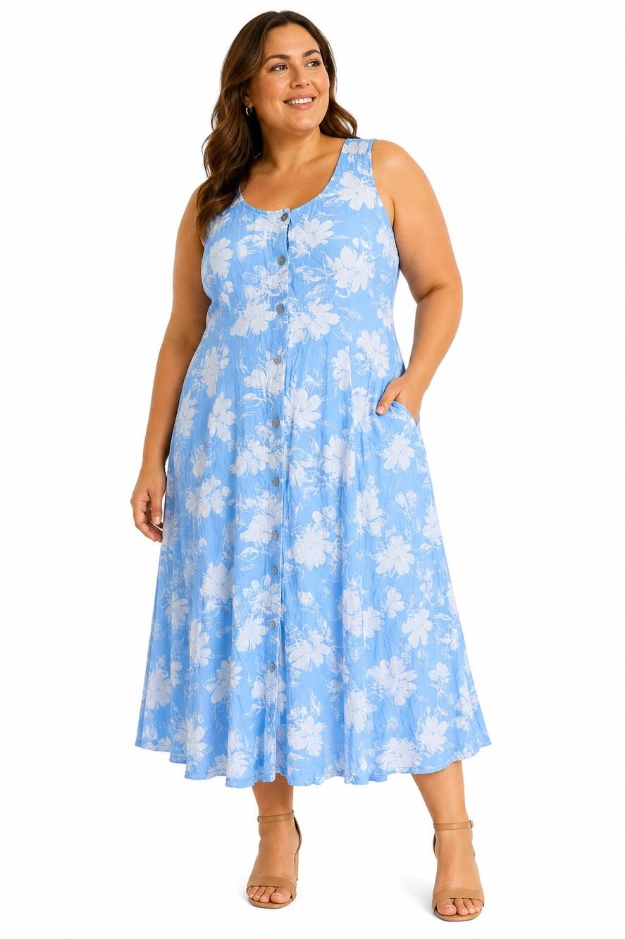 Blair Blue & White Floral Button Front Midi Dress Size Large Rayon Sleeveless